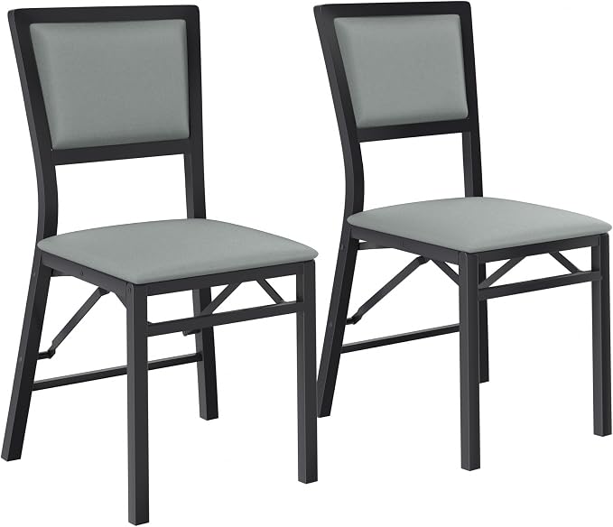 VECELO Folding Dining Chairs Set of 2, Metal Padded Foldable Seating with Comfortable Faux Leather, Space-Saving Portable Guest Seats for Kitchen & Office, No Assembly, Slate Grey