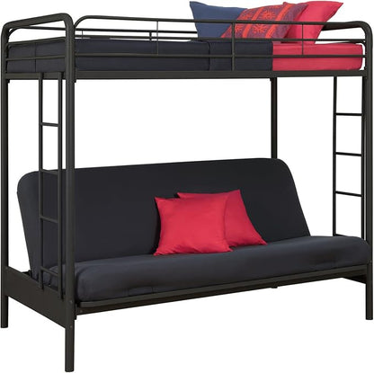DHP Twin-Over-Futon Convertible Couch and Bed with Metal Frame, Ladder and Guardrails - Black