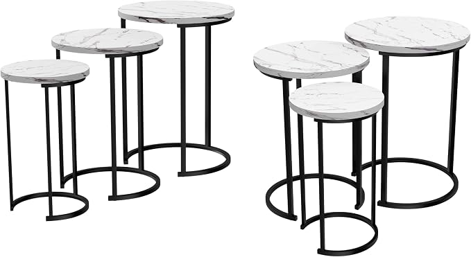 Lavish Home Nesting Tables - Set of 6 Space-Saving Round Side Tables with Faux Marble Tops – Modern Apartment Furniture Accent & End Table Set for Living Room, Bedroom, or Home Office (White)