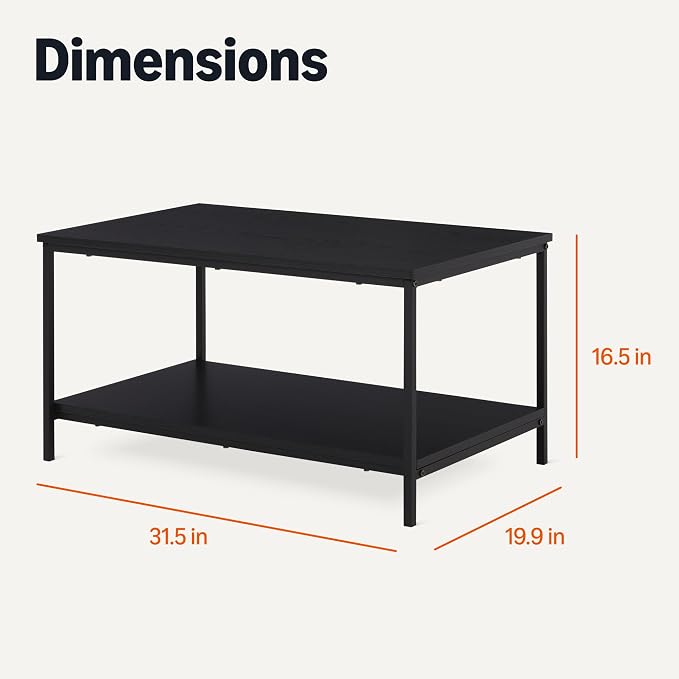 Amazon Basics Rectangular Coffee Table with Bottom Shelf, Living Room Centre Table, Easy to Assemble, 19.9" D x 31.5" W x 16.5" H, Black Woodgrain