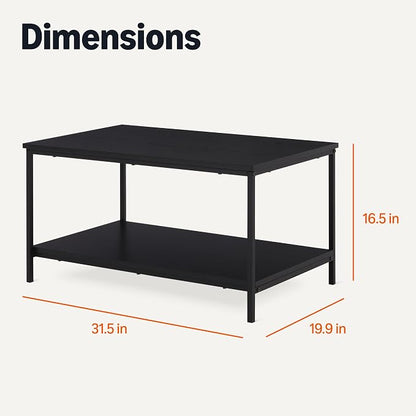 Amazon Basics Rectangular Coffee Table with Bottom Shelf, Living Room Centre Table, Easy to Assemble, 19.9" D x 31.5" W x 16.5" H, Black Woodgrain