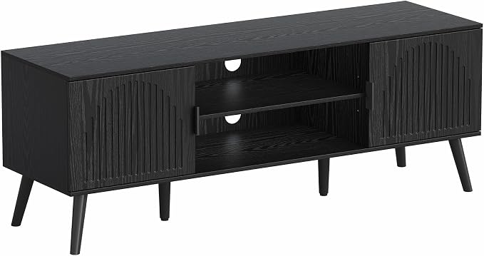 ChooChoo TV Stand for Living Room, Mid Century Modern TV Stand for 55/60 Inch TVs, Entertainment Center with Storage Cabinet and Open Shelves, TV Console Table Media Cabinet for Bedroom, Black