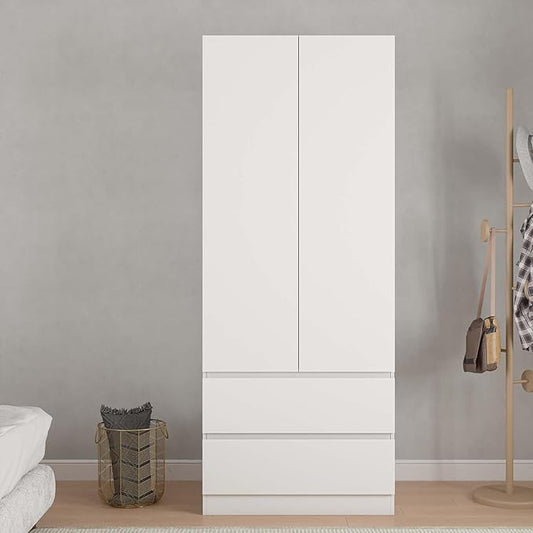 Bobve 78.74'' Armoire Wardrobe Closet with 2 Doors and 2 Drawers, Bedroom Armoire with Hanging Rod, Freestanding Wooden Closet Storage Cabinet, White