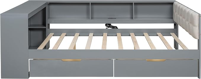 Ball & Cast Full Size Wood Daybed with Storage Shelves and Built-in Desk,Platform Bed w/Under-Bed Drawers & Charging Station,Upholstered Headboard,No Box Spring Needed,for Student Dorms,Gray