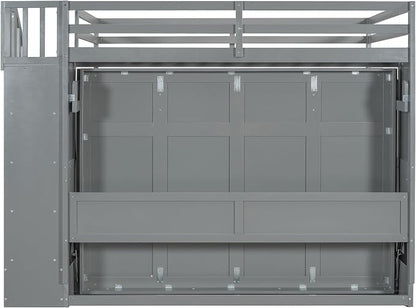 Merax Modern Farmhouse Solid Wood Loft Bed with Murphy Bed Cabinet w/Hydraulic Lift Full Over Full, Wall Bunk Bed with Storage Staircase, Shleves & Desk/Space Saving/Wood Slat Support/Gray