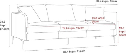 Valencia Jasper 85" Cognac Tan Brown 3 Seater Full Leather Couch | Mid Century Sofa with 2 Pillows for Living Room Furniture | Plush Cushions, Nappa Leather Lounge Couch