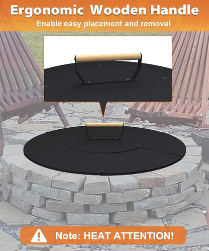24" Wooden-Handle Fire Pit Lid for Pits up to 22", Round Metal Bonfire Pit Burner Pan Cover, Smokeless Fire Pit Cover for Fire Tables, All-Weather Resistance Outdoor Firepit Accessory