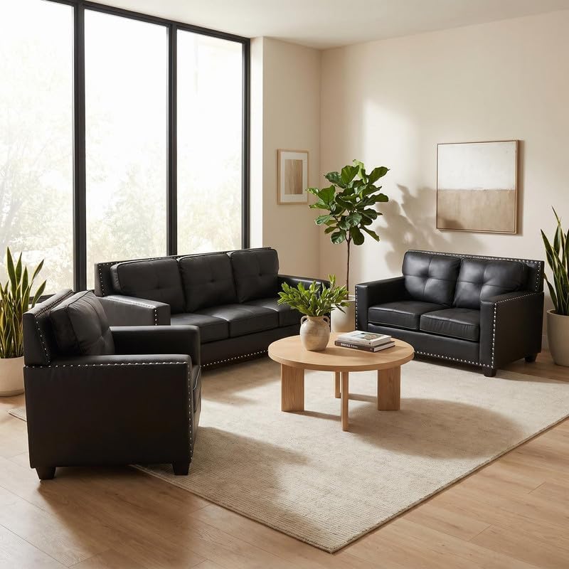 3-Piece Faux Leather Sofa Set, Modern Living Room Couch Set with 3-Seater, Loveseat, and Armchair with Tufted Backrest & Nailhead Trim for Apartment, Office and Small Spaces (Black)