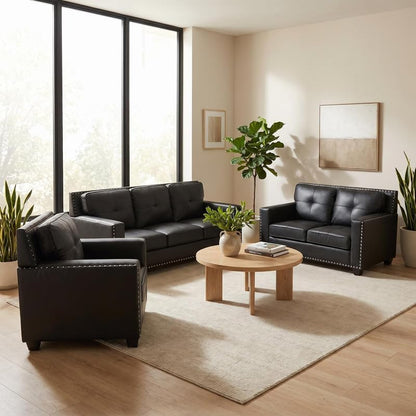 3-Piece Faux Leather Sofa Set, Modern Living Room Couch Set with 3-Seater, Loveseat, and Armchair with Tufted Backrest & Nailhead Trim for Apartment, Office and Small Spaces (Black)