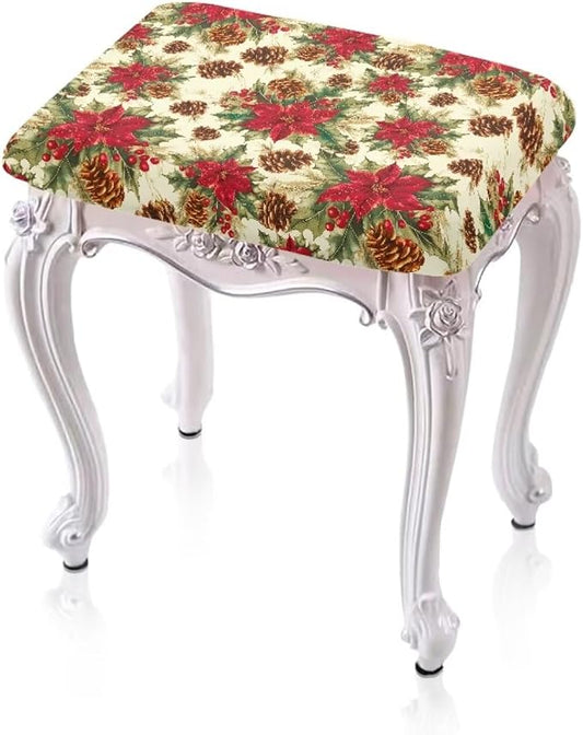 Christmas Flowers Bar Stool Seat Covers Holiday Festive Rectangle Bar Stool Cover 2 Pack Washable Removable Counter Stool Chair Covers for Kitchen Pub Dining Room