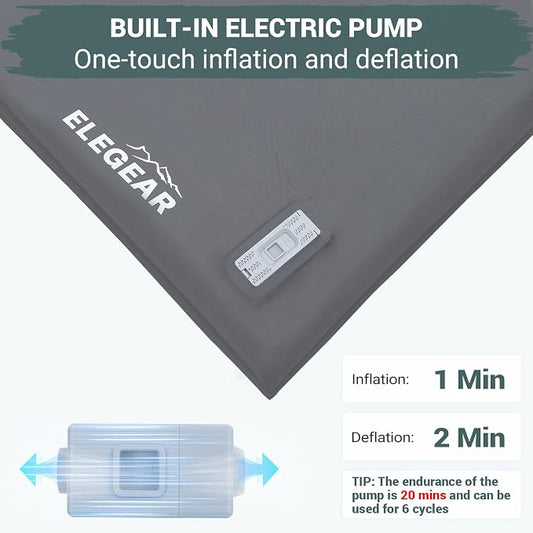Elegear CumbreX™ Self Inflating Sleeping Pad, Built-in Electric Pump 3.15" Ultra-Thick Memory Foam Camping Mattress Pad with Pillow Double Sleeping Pad for Camping R-value 9.5 Foam Camp Pad for Travel