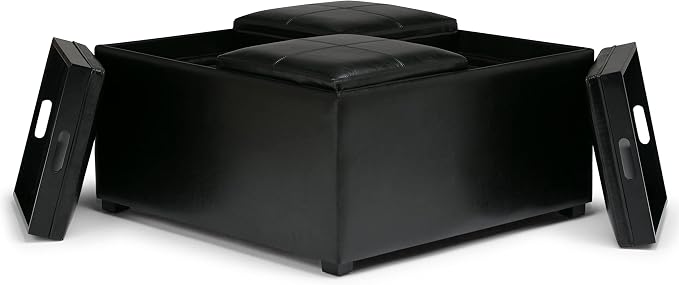 SIMPLIHOME Avalon Wide Contemporary Square Coffee Table Storage Ottoman, Midnight Black, Table Ottoman