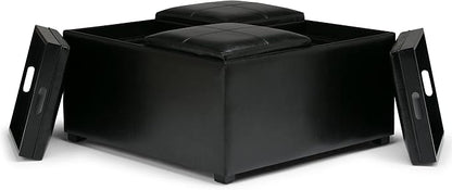 SIMPLIHOME Avalon Wide Contemporary Square Coffee Table Storage Ottoman, Midnight Black, Table Ottoman