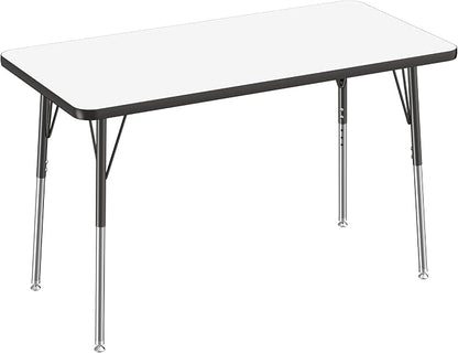 FDP Dry-Erase Rectangle Activity School and Office Table (24 x 48 inch), Standard Legs with Swivel Glides, Adjustable Height 19-30 inches; Quick Ship Single Box - Whiteboard Top and Black Edge