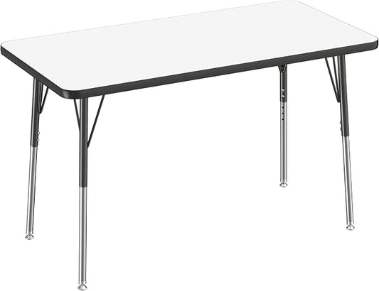FDP Dry-Erase Rectangle Activity School and Office Table (24 x 48 inch), Standard Legs with Swivel Glides, Adjustable Height 19-30 inches; Quick Ship Single Box - Whiteboard Top and Black Edge