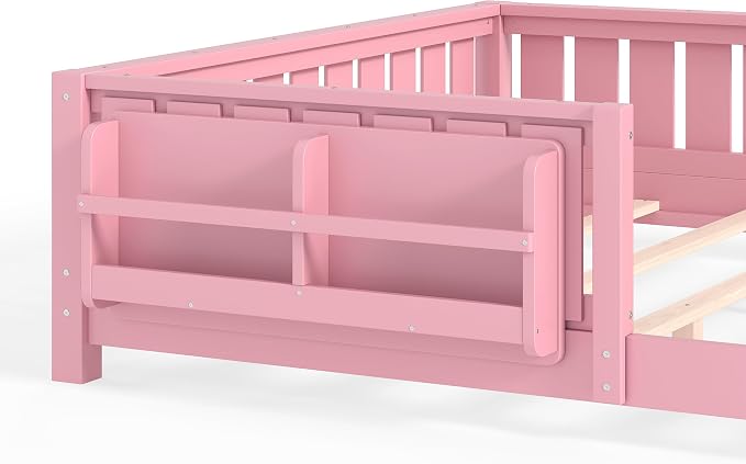 Bellemave Queen Size Floor Bed with high Rails and with Built-in Bookshelf for Kids, Girls, Boys, Wood Montessori Floor Bed Without Door, Pink