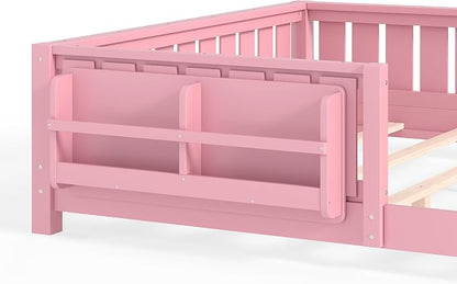 Bellemave Queen Size Floor Bed with high Rails and with Built-in Bookshelf for Kids, Girls, Boys, Wood Montessori Floor Bed Without Door, Pink