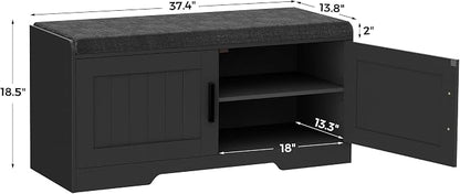 Homleke 2-Tier Storage Bench, Shoe Bench with Thickened Padded Seat Cushion, Entryway Bench with 2 Doors, Adjustable Shelf, 13.8" D x 37.4" W x 18.5" H, for Entryway, Living Room, Bedroom, Black