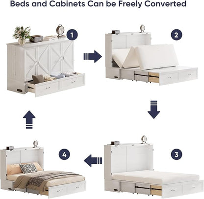 ijuicy Queen Murphy Cabinet Bed, with Mattress, Storage & Charge, White | Queen Murphy Bed Built-in multifunctional charging station & storage drawers, space-saving foldaway design for guest room.