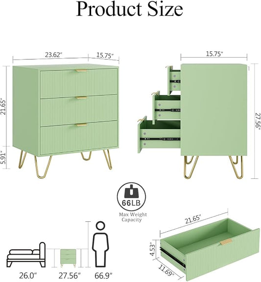 Green Dresser for Bedroom, Modern Fluted 3 Drawer Dresser with Storage, Dresser Chest of Drawers with Gold Handles for Bedroom, Living Room, Closet, Hallway, 15.8" D x 23.6" W x 27.6" H