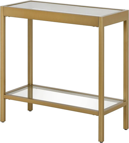 Henn&Hart 24" Wide Rectangular Rectangular Side Table in Brass, Table for Living Room, Bedroom | Two-tiered glass shelves with a metal frame, offering open display space for living rooms, offices, or bedrooms