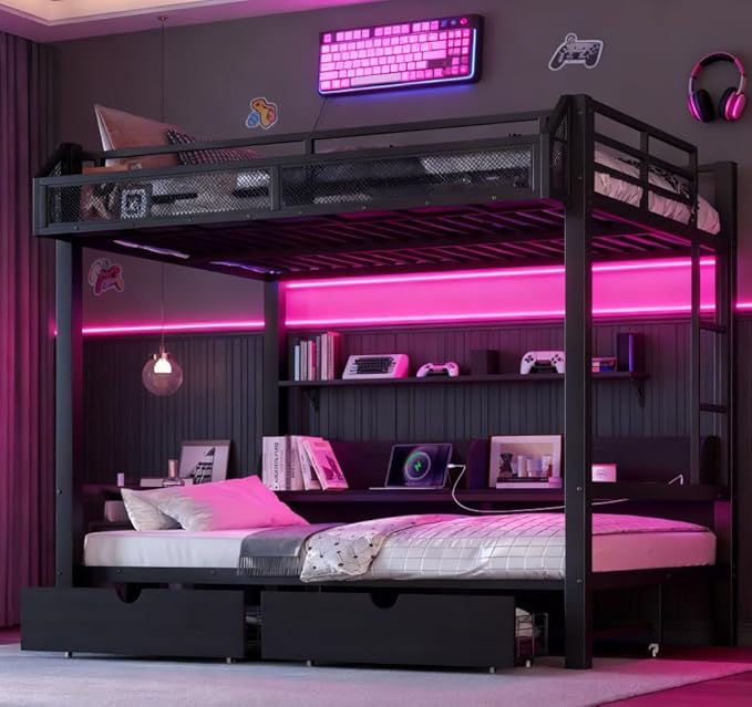 Bellemave Bunk Bed Full Over Full，Metal Bunk beds with Storage Shelves and Drawers USB Ports and LED Lights, Lower Bed That can be Converted into a Sofa, Black