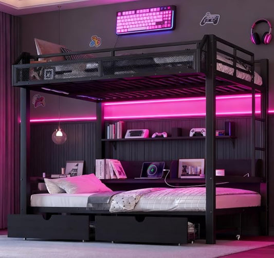Bellemave Bunk Bed Full Over Full，Metal Bunk beds with Storage Shelves and Drawers USB Ports and LED Lights, Lower Bed That can be Converted into a Sofa, Black
