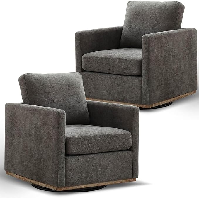 Swivel Accent Chair Set of 2, 360 Degree Square Swivel Barrel Chair for Living Room, Mid Century Modern Upholstered Accent Chair,Comfy Barrel Armchairs for Bedroom,Chenille, Charcoal Black