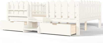 Bellemave Queen Kids Montessori Bed with Stairs, Bookshelf and LED Lights, Solid Wood Kids Bed Frame with Storage Drawers for Boys Girls, Low Profile,Beige