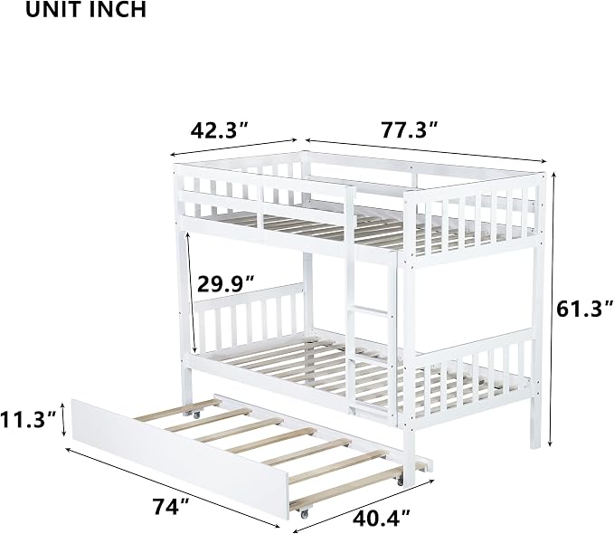 Harper & Bright Designs Convertible Wood Twin-Over-Twin Bunk Bed with Trundle and Ladder - Can Be Divided Into Two Platform Beds (White)