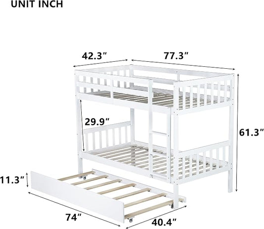Harper & Bright Designs Convertible Wood Twin-Over-Twin Bunk Bed with Trundle and Ladder - Can Be Divided Into Two Platform Beds (White)