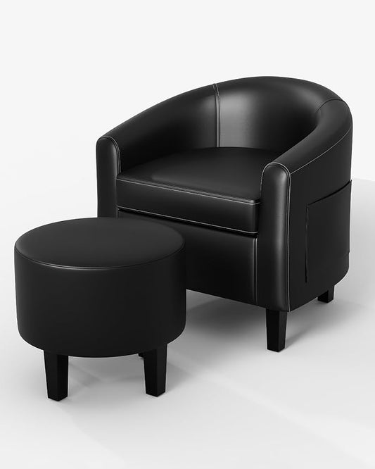GarveeHome Chair and Ottoman Set, PU Leather Barrel Chair, Small Chair for Bedroom, Comfy Armchair with Footrest for Office & Study, Black