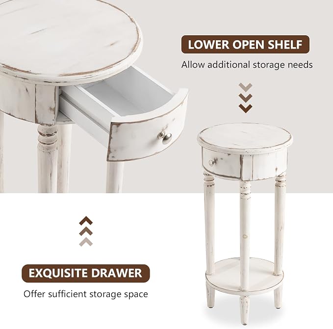 COSIEST Tall End Table with Drawer, Round Nightstand with Storage Shelf, Industrial Telephone End Table for Living Room, Bedroom, Hall Way, Space Saving Beige