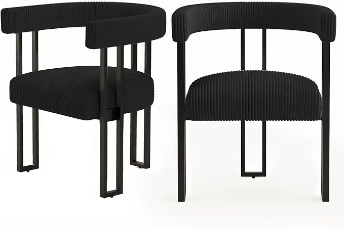 VIRRMO Boucle Dining Chair Set of 2 Corduroy Upholstered Dining Room Chairs Kitchen Chairs with Metal Legs Mid Century Modern Chair for Dining Room, Kitchen (Black, 2)