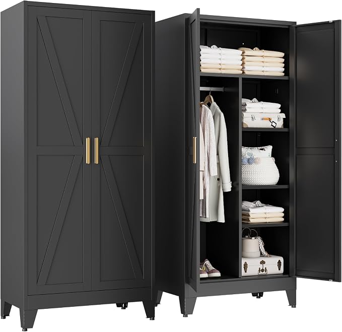 71" Tall Metal Armoire Wardrobe Closet with Hanging Rod and 3 Adjustable Shelves,Black Storage Cabinet,Steel Wardrobe for Bedroom Garage Laundry Room Office Apartment,6 Tier 1 Pack