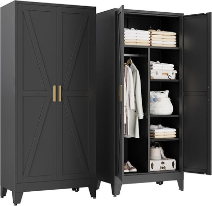 71" Tall Metal Armoire Wardrobe Closet with Hanging Rod and 3 Adjustable Shelves,Black Storage Cabinet,Steel Wardrobe for Bedroom Garage Laundry Room Office Apartment,6 Tier 1 Pack