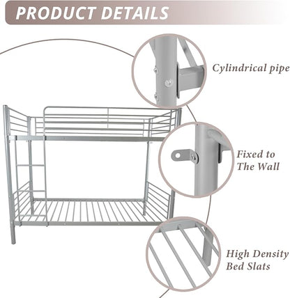 Karl home Metal Bunk Bed Twin Over Twin with Built-in Ladder, Grey | Heavy Duty Bunkbeds with Safety Guardrail and Space-Saving Design,Twin Bunk Beds for Kids, Teens & Adults, No Box Spring