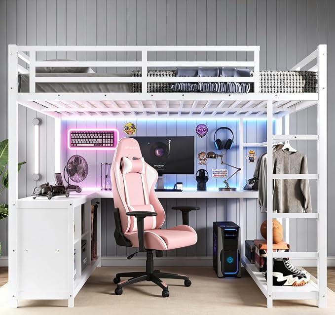 Bellemave Full Size loft Bed with L Desk, Wardrobe, Metal Full Loft Bed Frame for Adults, Kids, Teens, White
