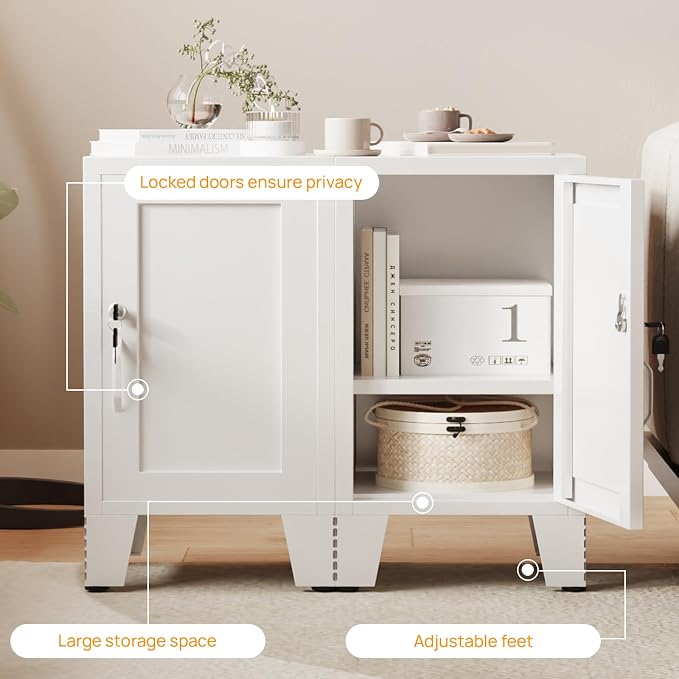 ALBAD Metal Nightstand with Lockable Cabinet, Compact Mini Locker Bedside Table for Kids & Adults, Modern Steel Side Table for Bedroom, Dorm, or Living Room (White)