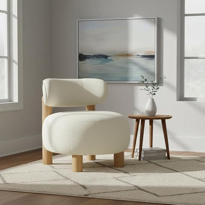 Modern Boucle Accent Chair Set of 2, with Plush Faux Sherpa Upholstery, Curved Backrest, Solid Wood Legs for Living Room Bedroom Reading Nook, 27.5", White