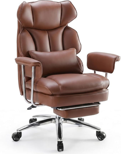 DUMOS Home Office Desk Executive Chair - Ergonomic Big Tall High Back with Footrest & Lumbar Support, Reclining Height Adjustable, Comfy PU Leather Computer Gaming with Swivel Wheels, Brown