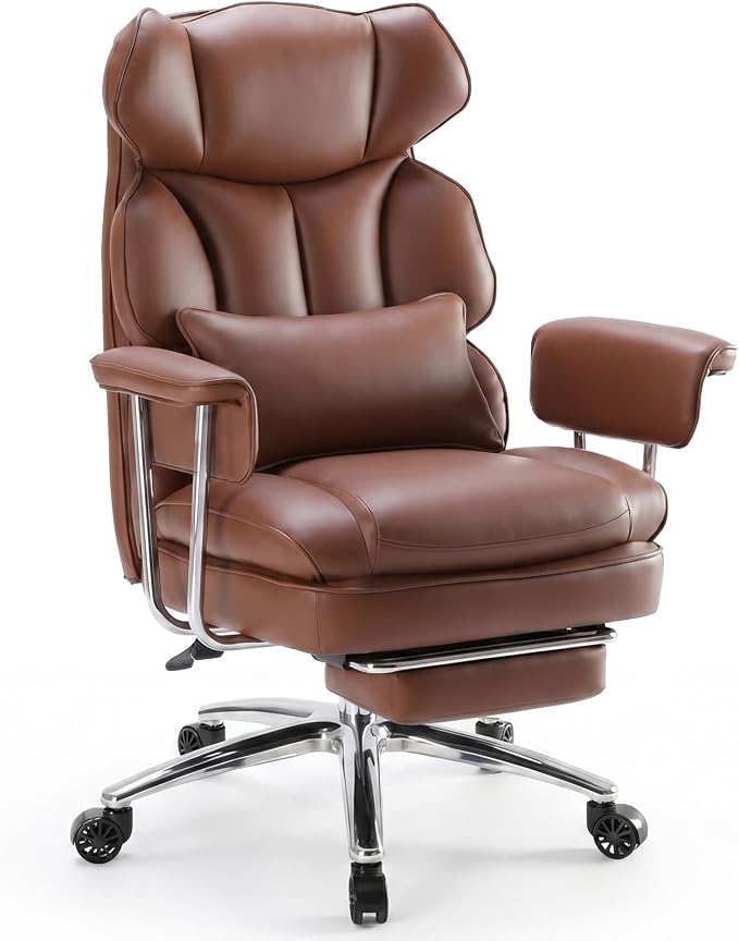 Sweetcrispy Executive Home Office Desk Chair - Ergonomic Big Tall High Back with Footrest & Lumbar Support, Reclining Height Adjustable, Comfy PU Leather Computer Gaming with Swivel Wheels, Brown