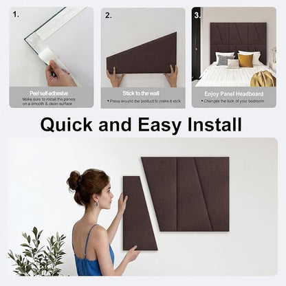 Peel and Stick Headboard Panels for Bed，Soft Padded Fabric Noise-Reducing Panels with Modern Stylish Design for Bedroom Decor (Coffee Brown, Queen)