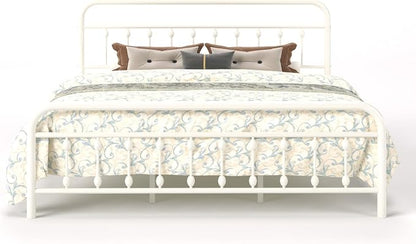 SHA CERLIN King Size Metal Platform Bed Frame with Victorian Style Iron-Art Headboard and Footboard, Easy Assembly, Under Bed Storage, No Box Spring Required, Off White