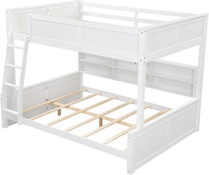 RUNNA Full XL Over Queen Bunk Bed with Storage Cabinets,USB,Antique White | Full XL on top for teens, queen below for adults. Solid pine frame, full guardrails & built-in charging—every bed, every age.