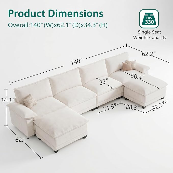 Modern U Shaped Sofa Couches for Living Room, Modular Sectional Cloud Couch with Movable Ottoman, Comfy Chenille Sofa for Apartment and Small Space, Beige