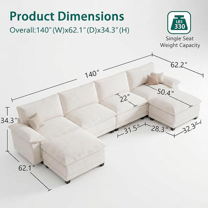 Modern U Shaped Sofa Couches for Living Room, Modular Sectional Cloud Couch with Movable Ottoman, Comfy Chenille Sofa for Apartment and Small Space, Beige