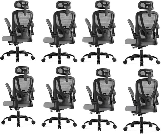 Office Chair Ergonomic Desk Chair - Mesh High Back Office Chair with Headrests Wheels Lumbar Support Home Desk Office Chairs Flip up Armrest Executive Rolling Computer Chair Black Gray 8 Pack