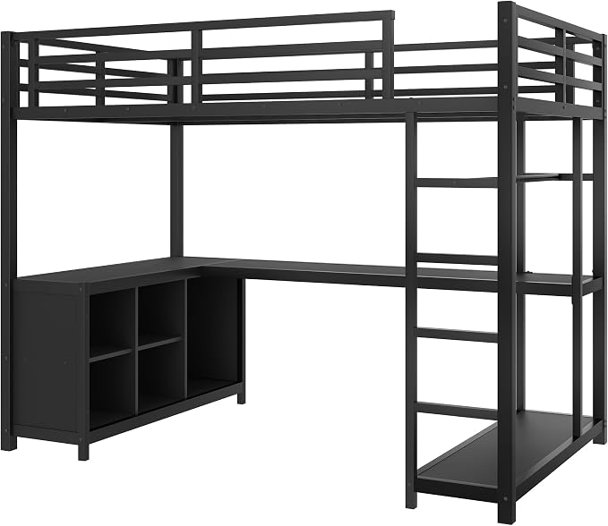 Bellemave Twin XL Size loft Bed with L Desk, Wardrobe, Metal Twin XL Loft Bed Frame for Adults, Kids, Teens, Black