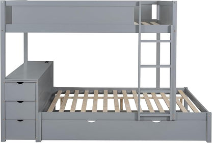 Harper & Bright Designs Full Over Full Bunk Bed with Twin Size Trundle, Wood Full Bunk Bed with USB Ports, Storage and Desk, Gray